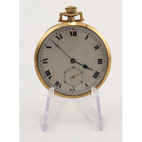 599 - Gents 9ct cased open face pocket watch. Import marks for London 1927. The cream dial with bold roman... 