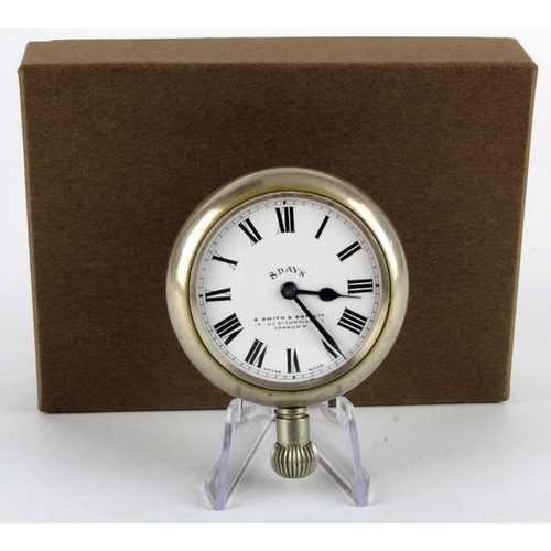 604 - Smiths 8 day car clock (pocket watch type), white enamel dial with Roman numerals, dial diameter 46m... 