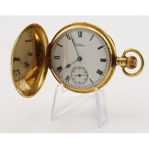 607 - Gents 18ct full hunter keyless pocket watch by Waltham, hallmarked Birmingham 1914. The white enamel... 