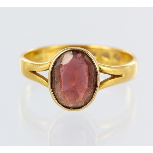 61 - 22ct yellow gold rubelite solitaire ring, oval 10mm x 8mm, hallmarked London 1882, finger size S, we... 