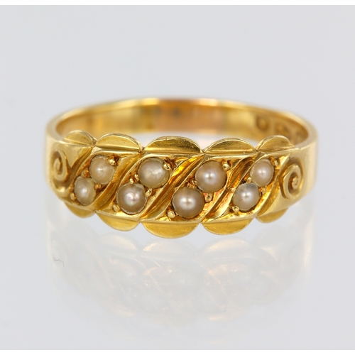 67 - 18ct yellow gold band ring set with eight seed pearls, hallmarked Chester 1884, finger size S/T, wei... 