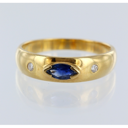 71 - Yellow metal (tests 18ct) sapphire and diamond band ring, single marquise cut sapphire, two round br... 