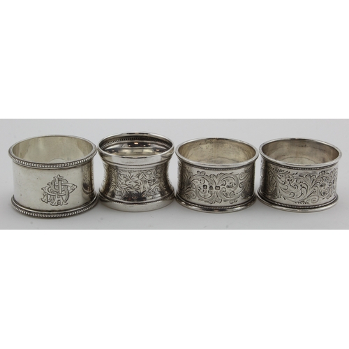 748 - Four silver napkin rings, hallmarked Chester 1896 and 1898, Birmingham 1910 and Sheffield 1911. Weig... 