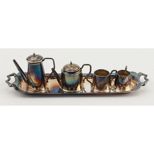 760 - Miniatures. A silver miniature tea and coffee set, comprising teapot, coffee pot, milk jug, sugar bo... 