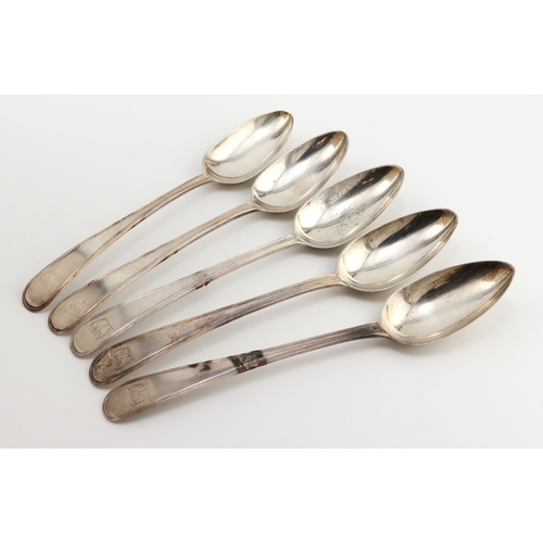 762 - Spoons. Five George III Scottish silver spoons, hallmarked 'FH, Edinburgh 1797', each with matching ... 