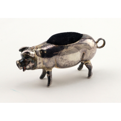 764 - White metal (tests silver) novelty pin cushion, depicting a pig, length 52mm approx.