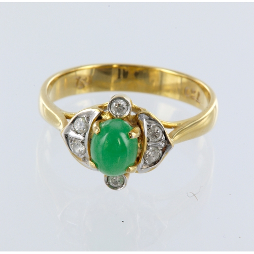 81 - Yellow metal (stamped 18ct) jade and diamond ring, oval jade cabochon measuring approx. 6mm x 5mm, s... 