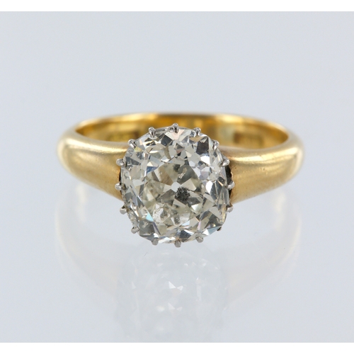 82 - 18ct yellow gold diamond solitaire ring, cushion shaped old cut, approx. carat weight 3.0ct, approx.... 