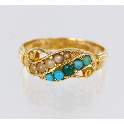 97 - 18ct yellow gold turquoise and seed pearl ring, finger size K, weight 3.1g