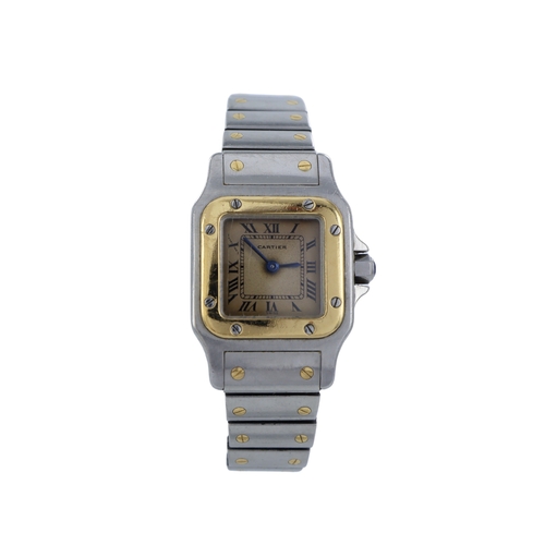 498 - Cartier Santos stainless steel and gold ladies quartz wristwatch, ref. 166930. The patinated dial wi... 