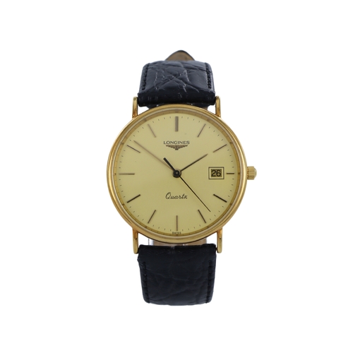 519 - Longines Precense 18ct gents quartz wristwatch, ref. L7 999 6, circa 1990s. The gilt dial with baton... 