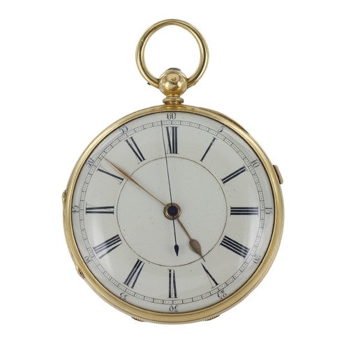 601 - Gents 18ct open face key-wind chronograph pocket watch, hallmarked London 1875. The white enamel dia... 