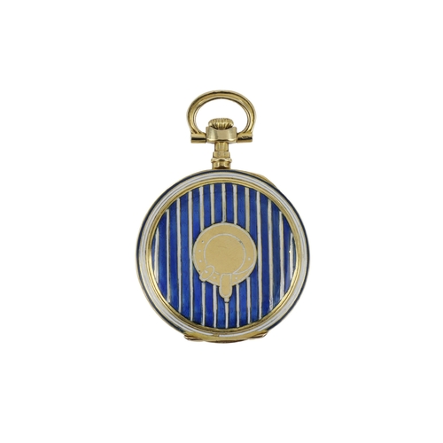 602 - 18ct and enamelled open face keyless fob watch, case bearing the Swiss Helvetia. The gilt dial with ... 