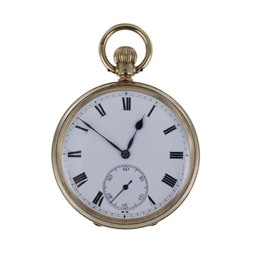 603 - Gents 9ct open face keyless pocket watch by Longines?, circa 1918. The white enamel dial with Roman ... 