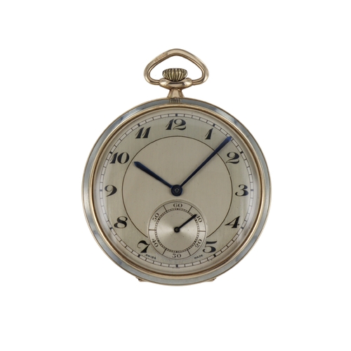 608 - Gents 9ct yellow gold open face keyless pocket watch, circa 1927. The gilt two tone dial with Bregue... 