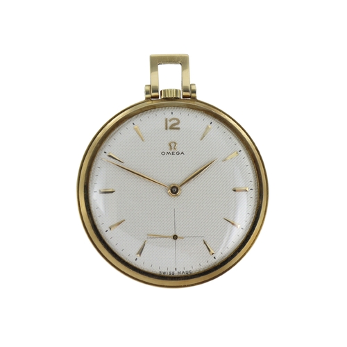 610 - Omega 14ct yellow gold open face keyless pocket watch, case ref. 9446395, circa 1960s. The silvered ... 