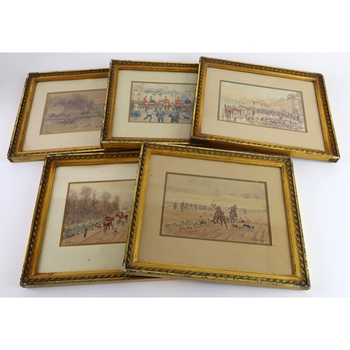 21 - Charles Boyer. Five pen, ink and watercolours, circa 19th Century, each depicting a hunting scene, s... 