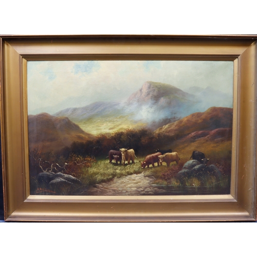 24 - Davis, B (British) Oil on Canvas depicting Highland Cattle grazing. Signed lower left. Canvas measur... 