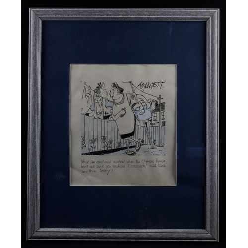 43 - Ullyett (Roy). Ink and blue crayon drawing, depicting two neighbours chatting over the fence, with t... 