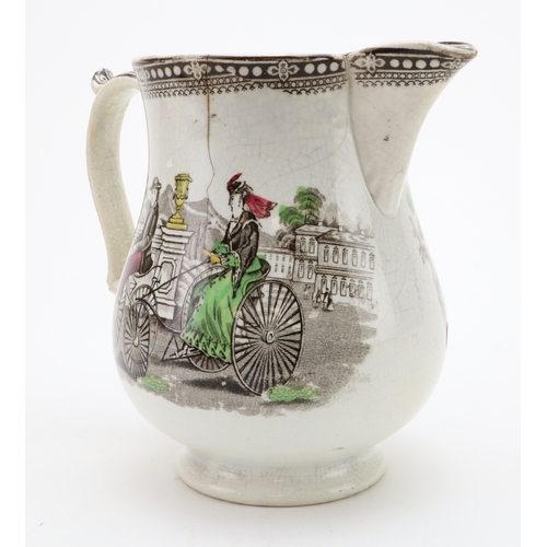 62 - Cycling, rare Victorian multi-coloured jug showing ladies on tricycles and a man on an early bone-sh... 