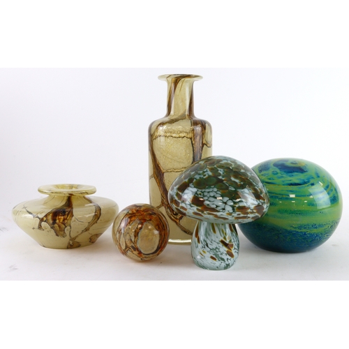 70 - Glass. Four pieces of Maltese glass, including two paperweights (one shaped liked a mushroom and etc... 