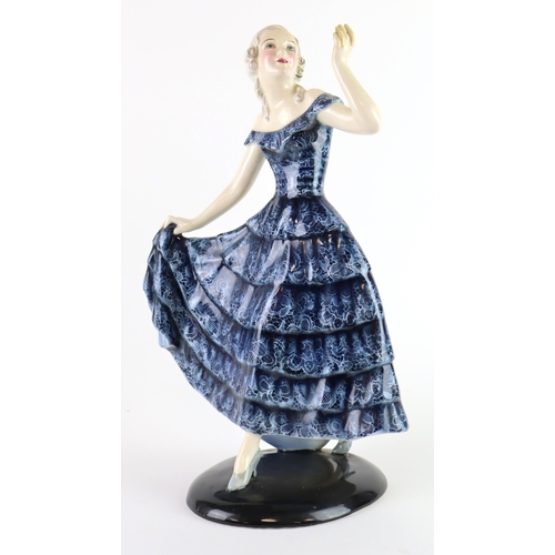 72 - Goldscheider Art Deco figure, depicting a lady wearing a blue dress, makers marks to base and signed... 