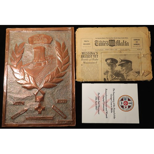 550 - Malta WW2 interest - copper plaque, Malta Times June 27th 1943 and a remembrance service program 15-... 