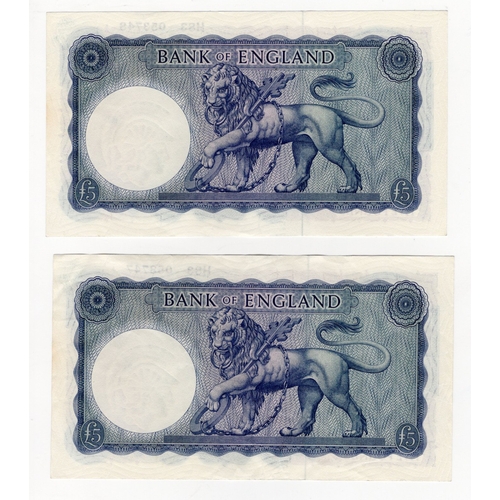 101 - O'Brien 5 Pounds (B280) issued 1961 (2), Lion & Key, a consecutively numbered pair of FIRST SERIES n... 