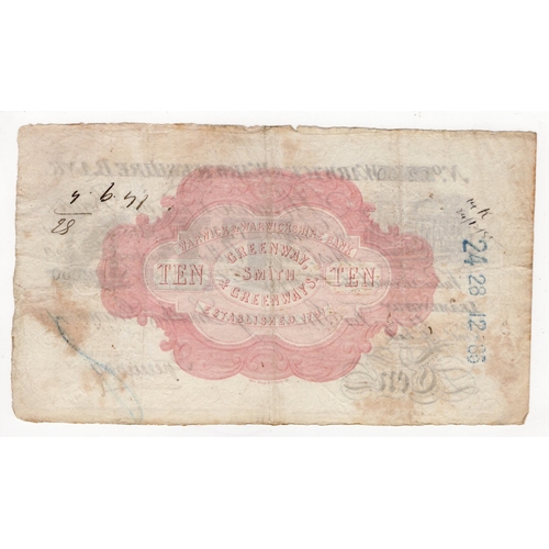 177 - Leamington, Warwick & Warwickshire Bank 10 Pounds dated 1st October 1884, No. L2050 for Greenway, Sm... 