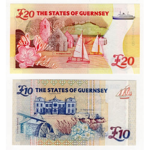 220 - Guernsey (2), 20 Pounds & 10 Pounds issued 2002, signed D.M. Clark, MATCHING VERY LOW serial numbers... 