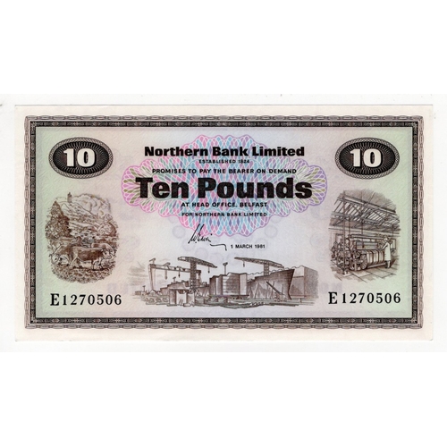 303 - Northern Ireland, Northern Bank Limited 10 Pounds dated 1st March 1981, signed W. Erwin, serial E127... 