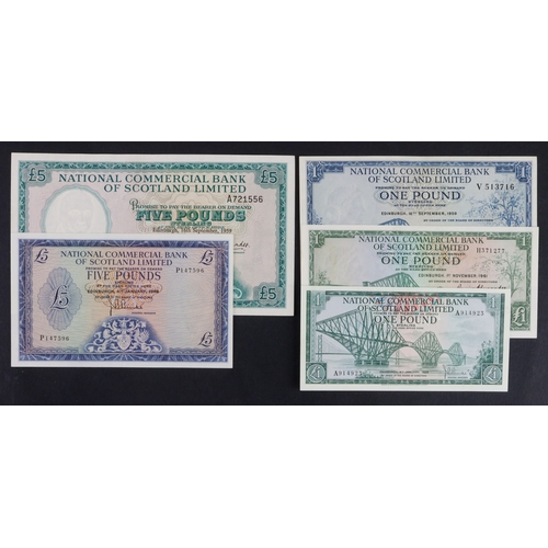 364 - Scotland, National Commercial Bank (5), a small group of all different issues, 5 Pounds (2) dated 19... 