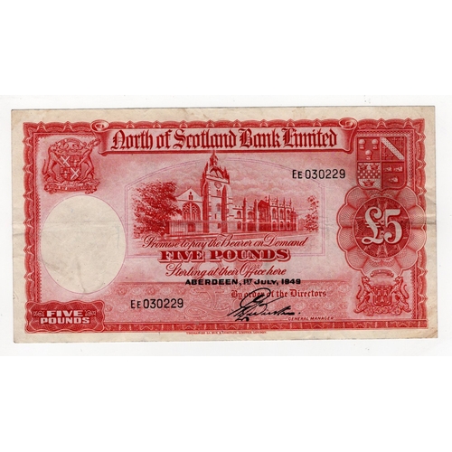 367 - Scotland, North of Scotland Bank 5 Pounds dated 1st July 1949, signed G.L. Webster, serial EE 030229... 