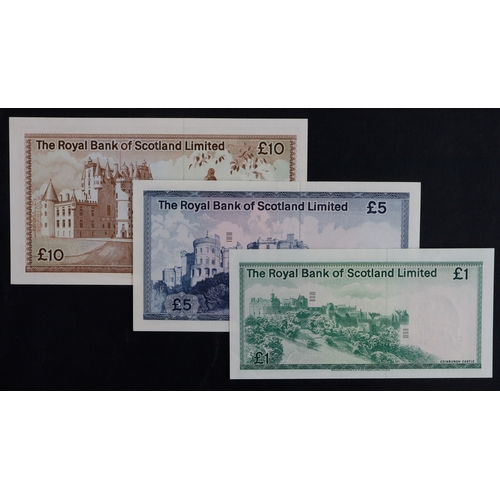 370 - Scotland, Royal Bank of Scotland (3), 10 Pounds dated 3rd May 1977 serial A/9 431843, 5 Pounds dated... 