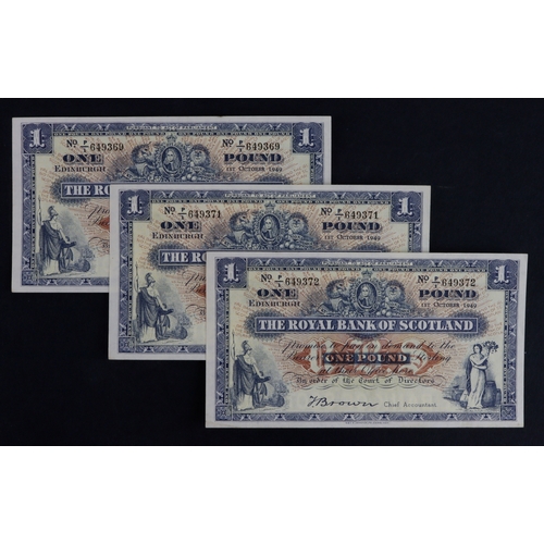 375 - Scotland, Royal Bank of Scotland 1 Pound (3) dated 1st October 1949, signed T. Brown, a consecutivel... 