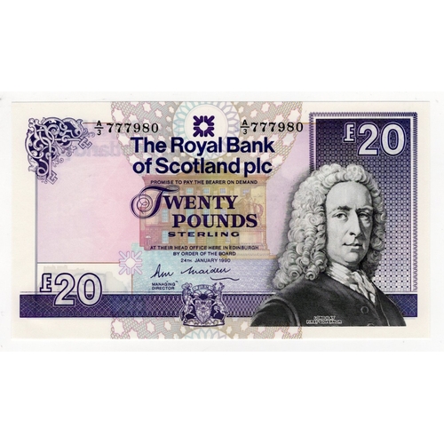 380 - Scotland, Royal Bank of Scotland 20 Pounds dated 24th January 1990, signed R.M. Maiden, serial A/3 7... 