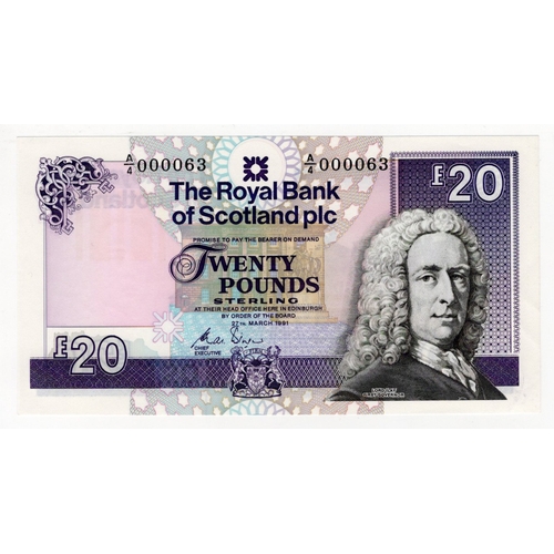 381 - Scotland, Royal Bank of Scotland 20 Pounds dated 27th March 1991, signed C. Winter, a VERY LOW numbe... 