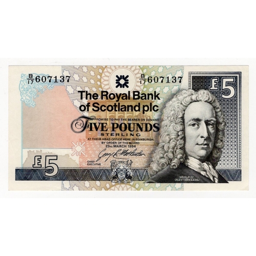 383 - Scotland, Royal Bank of Scotland 5 Pounds ERROR note dated 23rd March 1994, missing all design featu... 