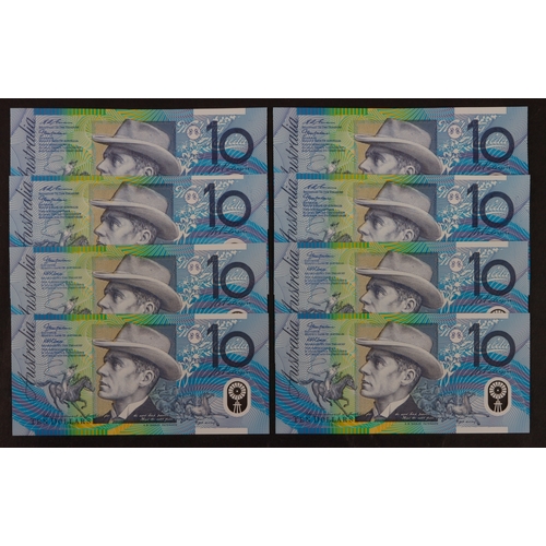 411 - Australia 10 Dollars (8) issued 1996, 1998, 2002, 2003, in 4 x consecutively numbered pairs, Uncircu... 