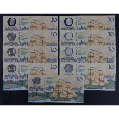 412 - Australia 10 Dollars (9) issued 1988 signed Fraser & Johnston, Commemorative Issue polymer note, a c... 