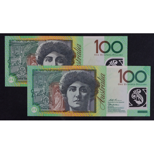 415 - Australia 100 Dollars (2) issued 1998 and 2008, Evans & MacFarlane signature and Stevens & Henry sig... 