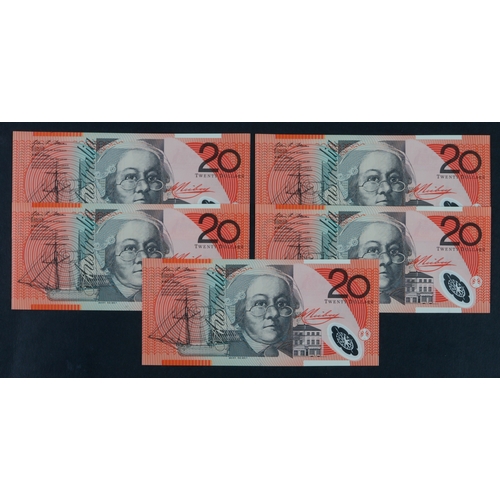 418 - Australia 20 Dollars (5) issued 2007, signed Stevens & Henry, a consecutively numbered run, LAST pre... 