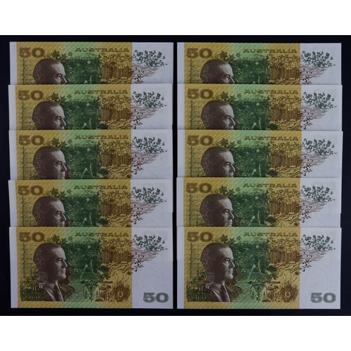 422 - Australia 50 Dollars (10) issued 1994, signed Fraser & Evans, a consecutively numbered run, serial W... 