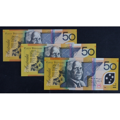 426 - Australia 50 Dollars (3) issued 1995, 1997 & 2005, a group all with the FIRST prefix 'AA' for the da... 