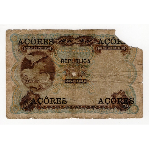 430 - Azores 2500 Reis dated 30th July 1909, serial CJ 00864 (BNB B113c, Pick8b) edge tears, splits/holes,... 