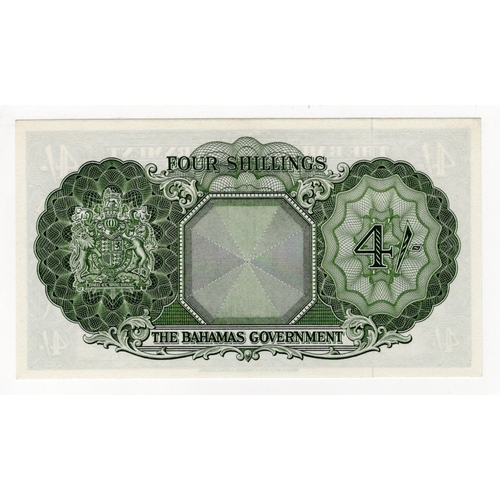 431 - Bahamas 4 Shillings not dated issued 1953, portrait Queen Elizabeth II at right, serial A/6 400005 (... 