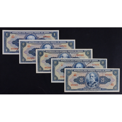 450 - Brazil (5), 1 Cruzeiro & 2 Cruzeiros issued 1944, 5 Cruzeiros, 10 Cruzeiros & 20 Cruzeiros issued 19... 