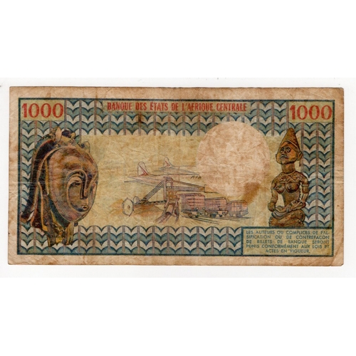 495 - Central African Republic 1000 Francs issued 1974, serial S.2 05652 (BNB B102a, Pick2) dirt and stain... 