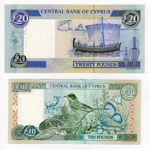 519 - Cyprus (2) 20 Pounds and 10 Pounds dated 1st October 1997, series K001240 & Q593515 (BNB B321a & B32... 