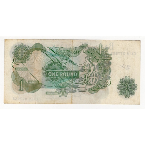 52 - ERROR Page 1 Pound issued 1970, large vertical unprinted area covering part of Queen Elizabeth's fac... 